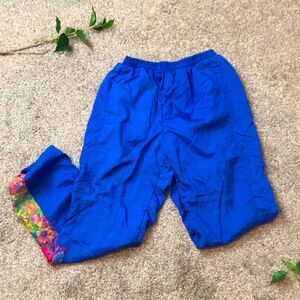 Vintage 90s East West Jogger Track Pants Bright Blue Colorful Floral Sz Small